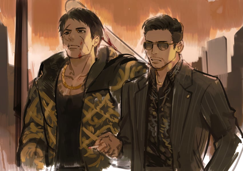 shishido kosei and tsuruno yuki (ryuu ga gotoku and 1 more) drawn by kuromonoka