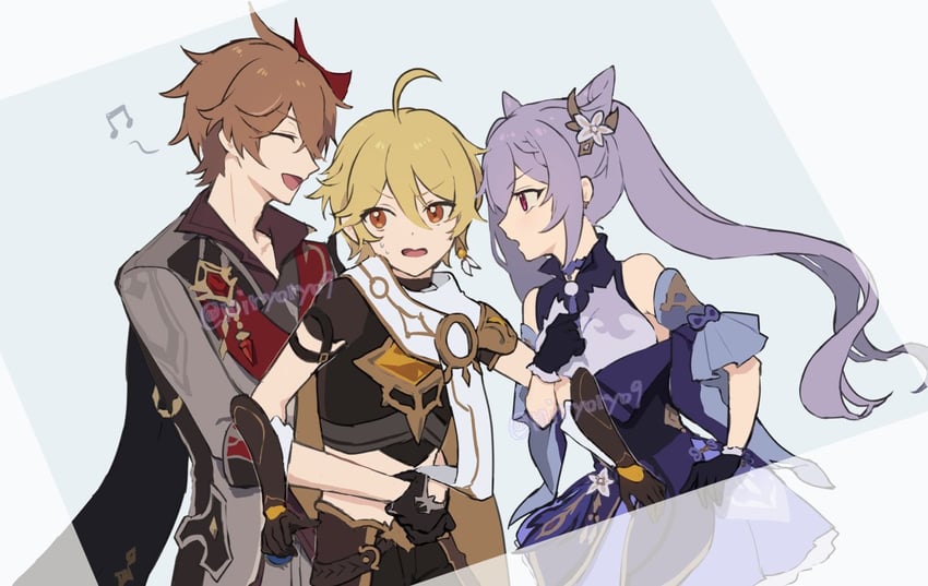 aether, keqing, and tartaglia (genshin impact) drawn by miryoryo9