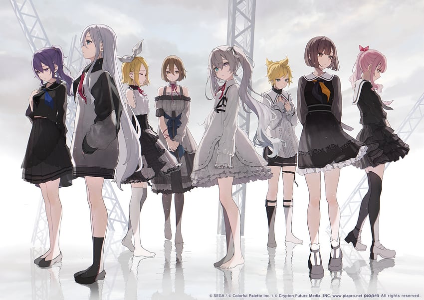 hatsune miku, kagamine rin, kagamine len, meiko, asahina mafuyu, and 7 more (vocaloid and 1 more) drawn by hamunezuko_(nezukonezu32)