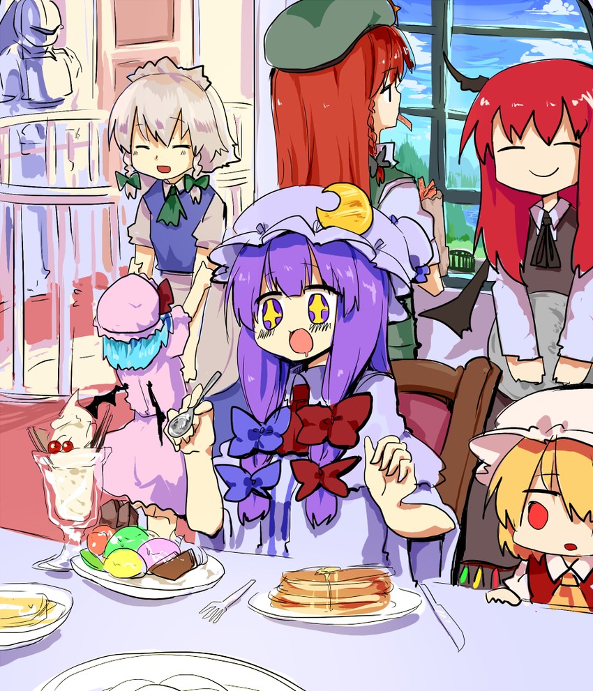 remilia scarlet, flandre scarlet, izayoi sakuya, patchouli knowledge, hong meiling, and 1 more (touhou and 1 more) drawn by mizuga