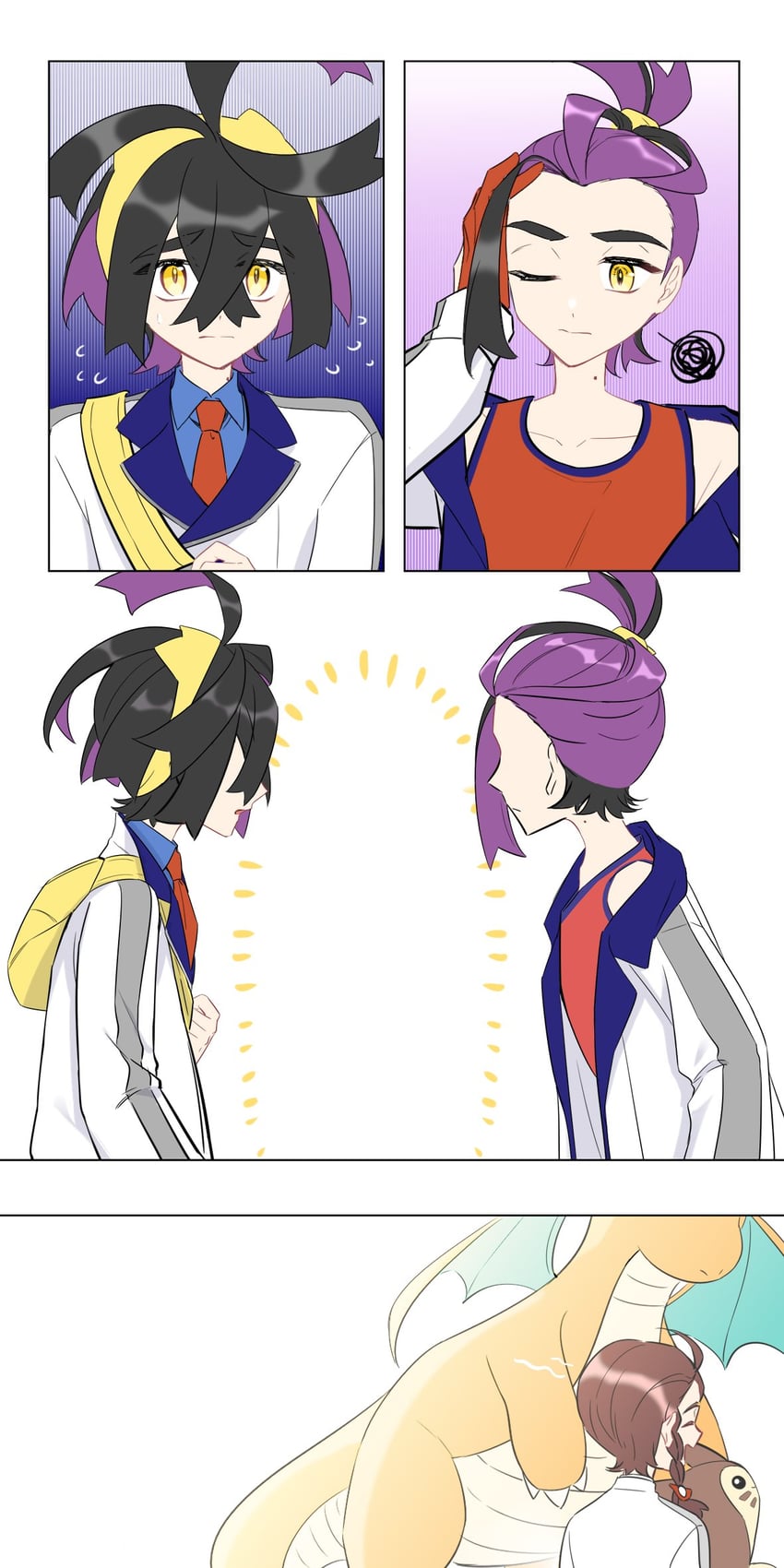 kieran, juliana, dragonite, and furret (pokemon and 1 more) drawn by xiaxiania