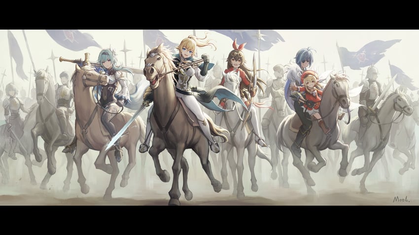 klee, eula, jean, amber, and kaeya (genshin impact) drawn by mool_yueguang