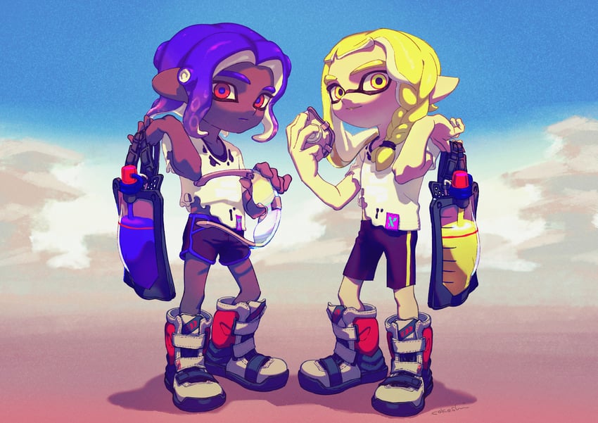 inkling player character, inkling girl, octoling player character, octoling boy, veronika, and 1 more (splatoon and 1 more) drawn by cokeshi