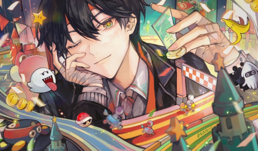 boo, yoshi, blooper, fushimi gaku, and red yoshi (nijisanji and 2 more) drawn by tsuta1218