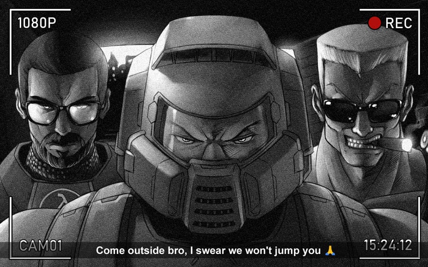 doomguy, gordon freeman, and duke nukem (doom and 2 more) drawn by substance20