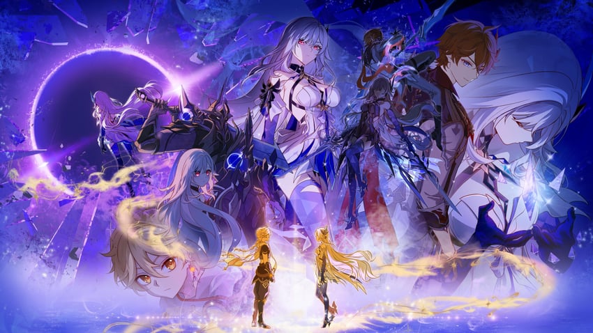 aether, tartaglia, skirk, and surtalogi (genshin impact) drawn by sakon04