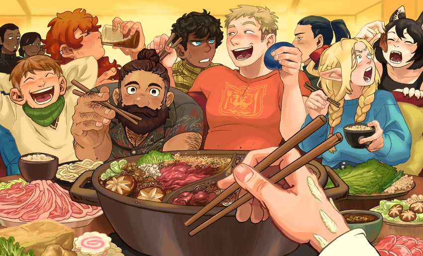 marcille donato, falin touden, laios touden, senshi, kabru, and 6 more (dungeon meshi) drawn by circusbythesea