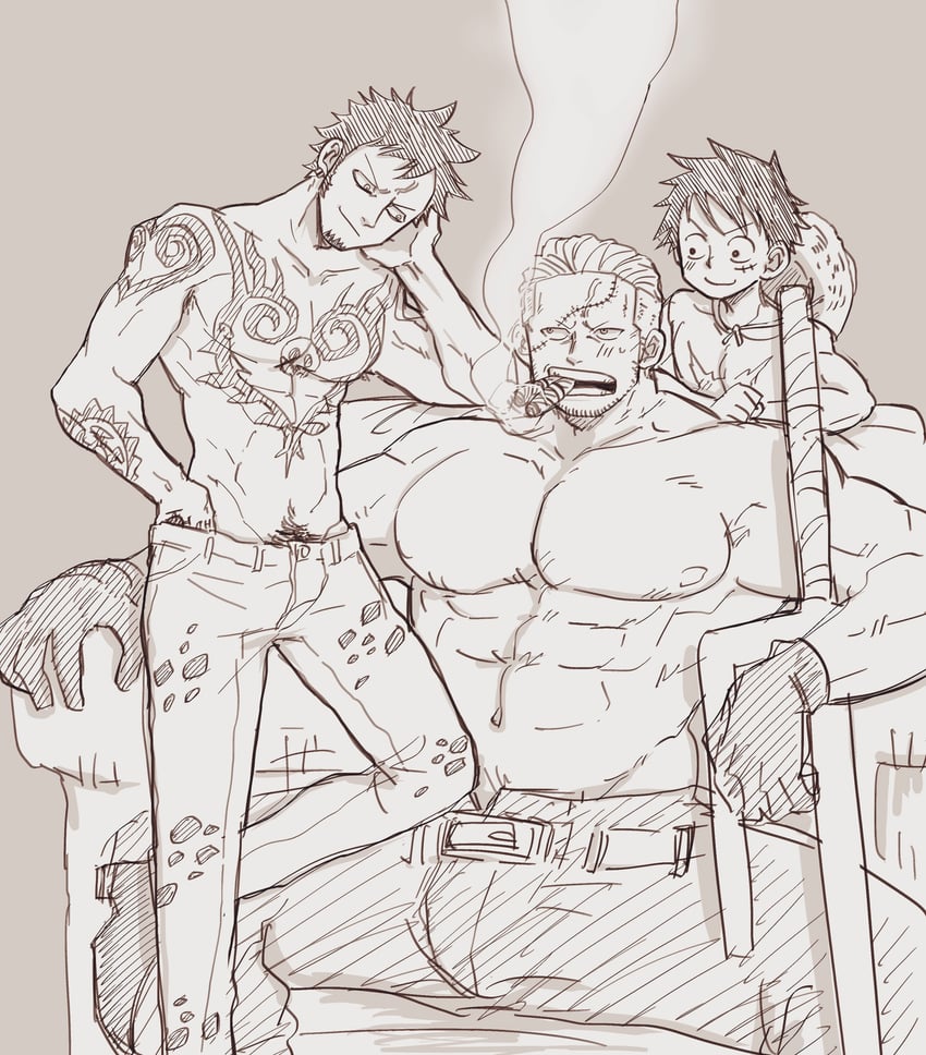 monkey d. luffy, trafalgar law, and smoker (one piece) drawn by m_cwfe