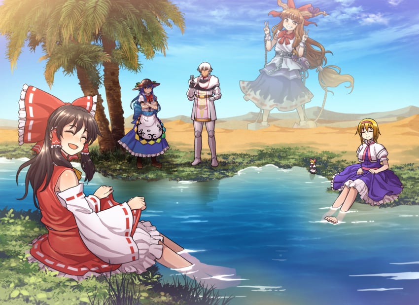 hakurei reimu, alice margatroid, hinanawi tenshi, ibuki suika, shanghai doll, and 1 more (touhou and 5 more) drawn by chiaki_rakutarou