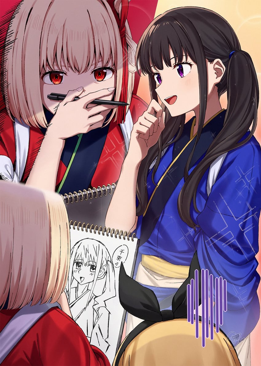 nishikigi chisato, inoue takina, and kurumi (lycoris recoil) drawn by paperca-ke