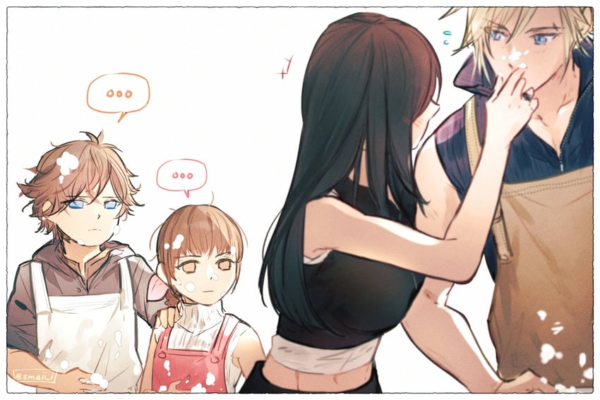 tifa lockhart, cloud strife, marlene wallace, and denzel (final fantasy and 2 more) drawn by maiii_(smaii_i)