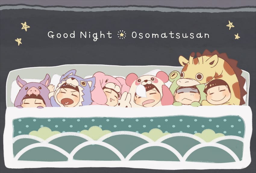 matsuno osomatsu, matsuno karamatsu, matsuno ichimatsu, matsuno jyushimatsu, matsuno choromatsu, and 1 more (osomatsu and 1 more) drawn by mikanmochi