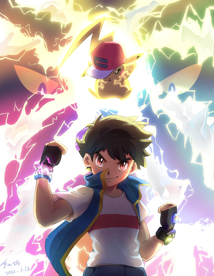 pikachu, ash ketchum, charizard, lucario, gengar, and 9 more (pokemon and 1 more) drawn by xi_shui_fang