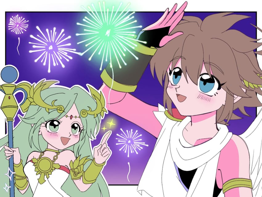 palutena and pit (kid icarus and 1 more) drawn by rin_megu