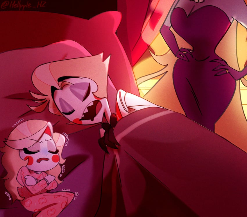 lucifer morningstar, charlie morningstar, and lilith (hazbin hotel) drawn by hellpple_hz