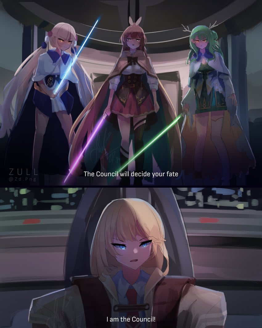 nanashi mumei, watson amelia, ceres fauna, tsukumo sana, and palpatine (hololive and 3 more) drawn by zull