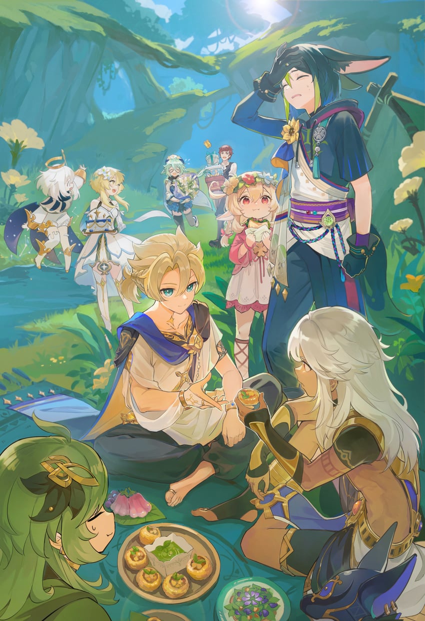 lumine, paimon, klee, tighnari, albedo, and 4 more (genshin impact) drawn by tiny_(0v0)