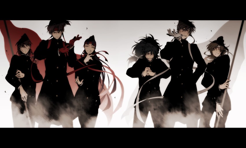 zenpouji isaku, tachibana senzou, nanamatsu koheita, shioe monjirou, kema tomesaburou, and 1 more (rakudai ninja rantarou) drawn by dossei