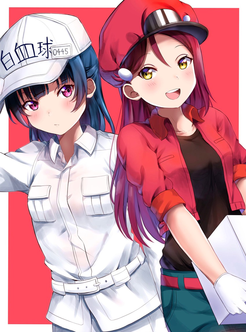 tsushima yoshiko, sakurauchi riko, white blood cell, and red blood cell (love live! and 2 more) drawn by mia_(fai1510)