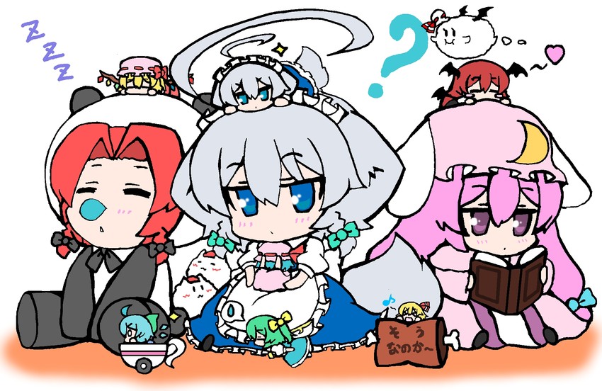 remilia scarlet, flandre scarlet, izayoi sakuya, cirno, patchouli knowledge, and 6 more (touhou and 1 more) drawn by bonobono_(en-rai)