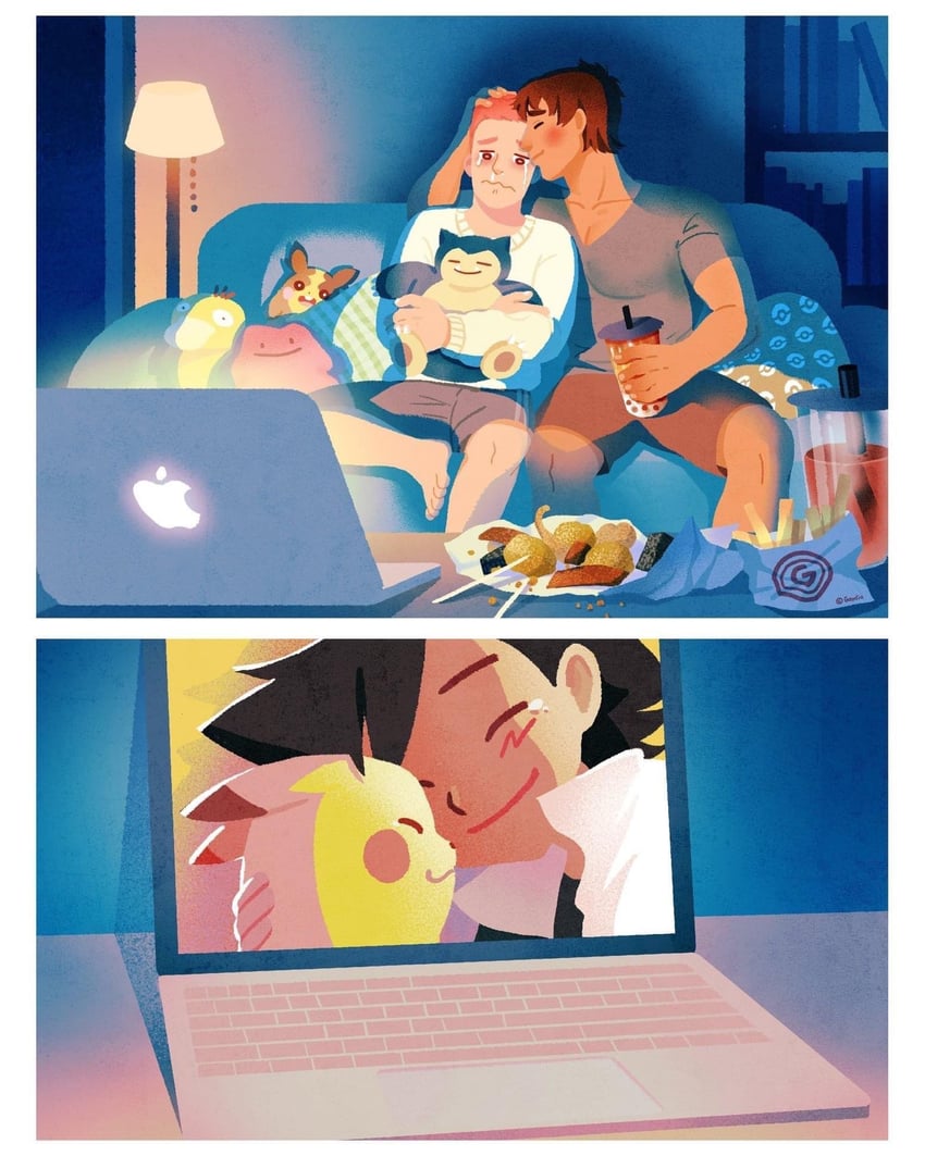 pikachu, ash ketchum, morpeko, snorlax, psyduck, and 1 more (original and 1 more) drawn by gaydio_zrong