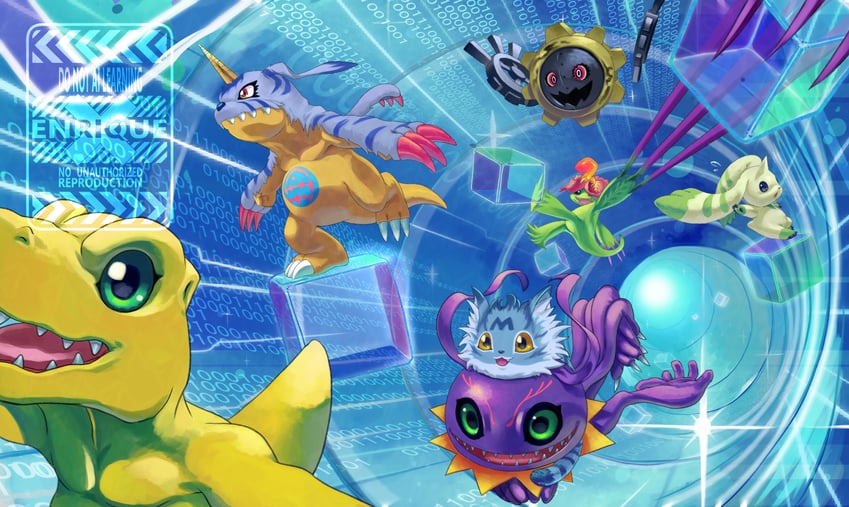 agumon, gabumon, terriermon, palmon, keramon, and 2 more (digimon and 1 more) drawn by enrike_(enrique_mr_blue)