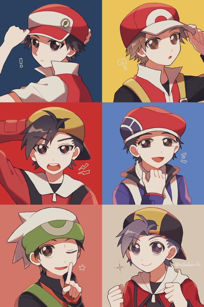 red, ethan, brendan, and lucas (pokemon and 8 more) drawn by mikakami1e