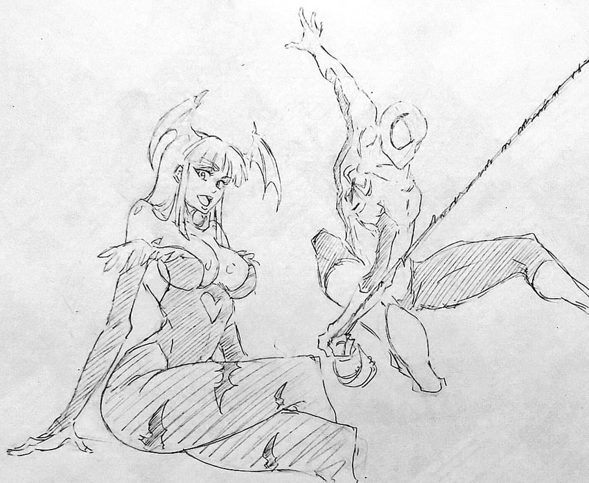 morrigan aensland and spider-man (marvel and 3 more) drawn by rakusakugk