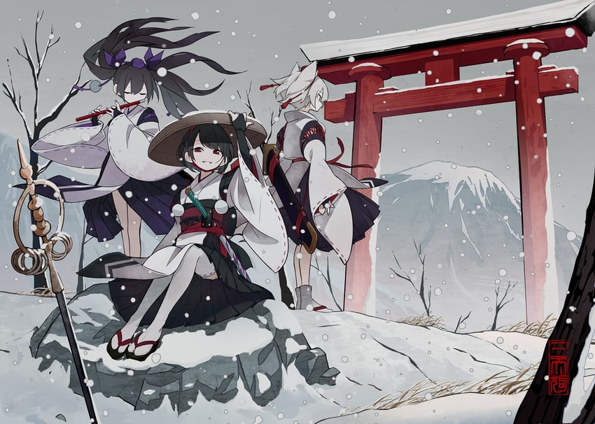 shameimaru aya, inubashiri momiji, and himekaidou hatate (touhou) drawn by fami_(yellow_skies)