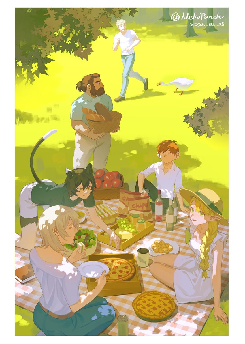 marcille donato, falin touden, laios touden, senshi, chilchuck tims, and 1 more (dungeon meshi) drawn by nekopunch_(nekopunchart)