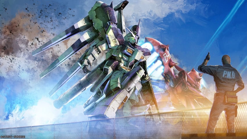 hi-nu gundam, nightingale, and neidhardt heidegger (gundam and 4 more) drawn by tenjin_hidetaka