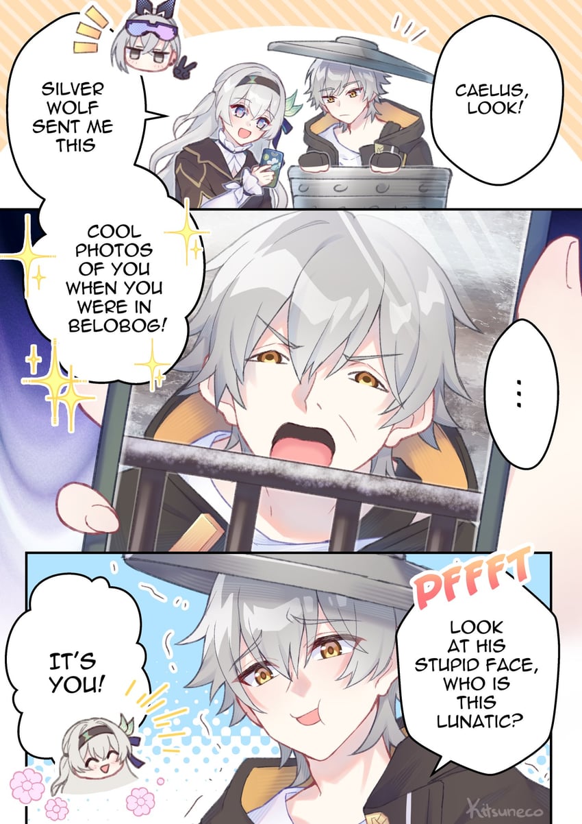 trailblazer, firefly, caelus, and silver wolf (honkai and 1 more) drawn by kitsuneco