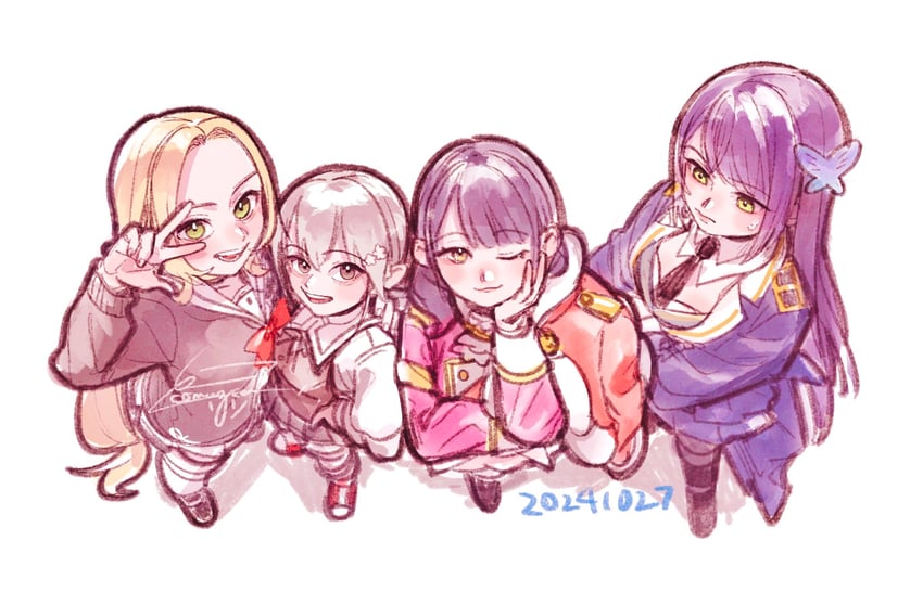 funada kiito, minowa gin, hanayagi kaoruko, and inubouzaki fuu (assault lily and 4 more) drawn by komuzuka
