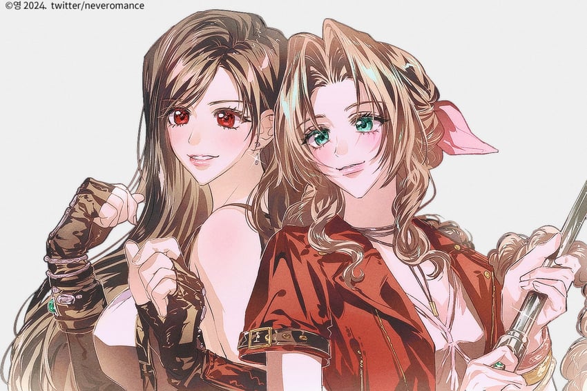 tifa lockhart and aerith gainsborough (final fantasy and 2 more) drawn by neveromance