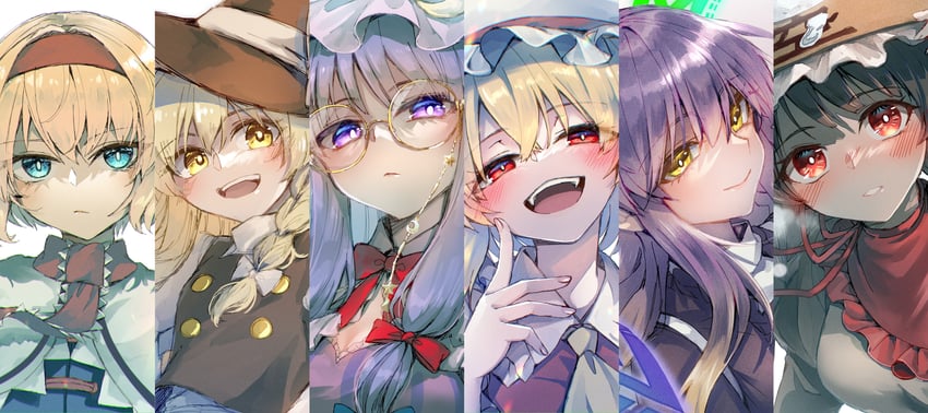 kirisame marisa, flandre scarlet, alice margatroid, patchouli knowledge, hijiri byakuren, and 1 more (touhou) drawn by kinese_(katasutorohu)