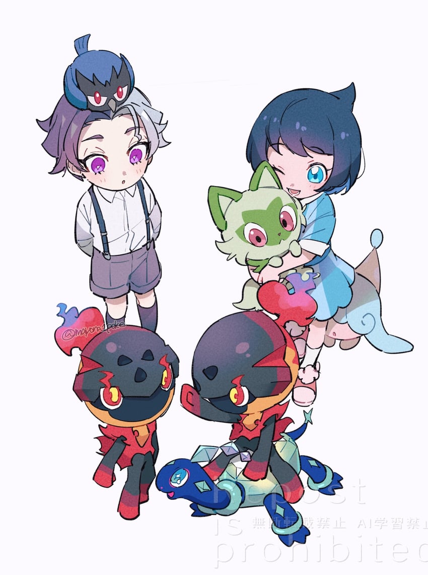sprigatito, liko, hatenna, amethio, terapagos, and 1 more (pokemon and 1 more) drawn by mayona_(mayona1poke)