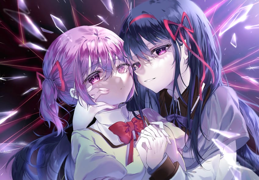 akemi homura and kaname madoka (mahou shoujo madoka magica) drawn by akane_haru_(dgyn8285)
