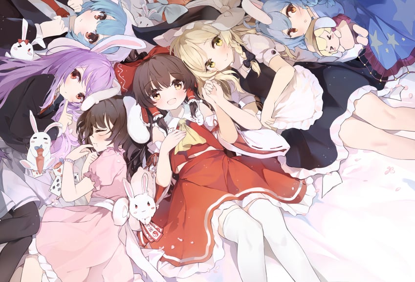 hakurei reimu, kirisame marisa, reisen udongein inaba, inaba tewi, seiran, and 2 more (touhou) drawn by coria