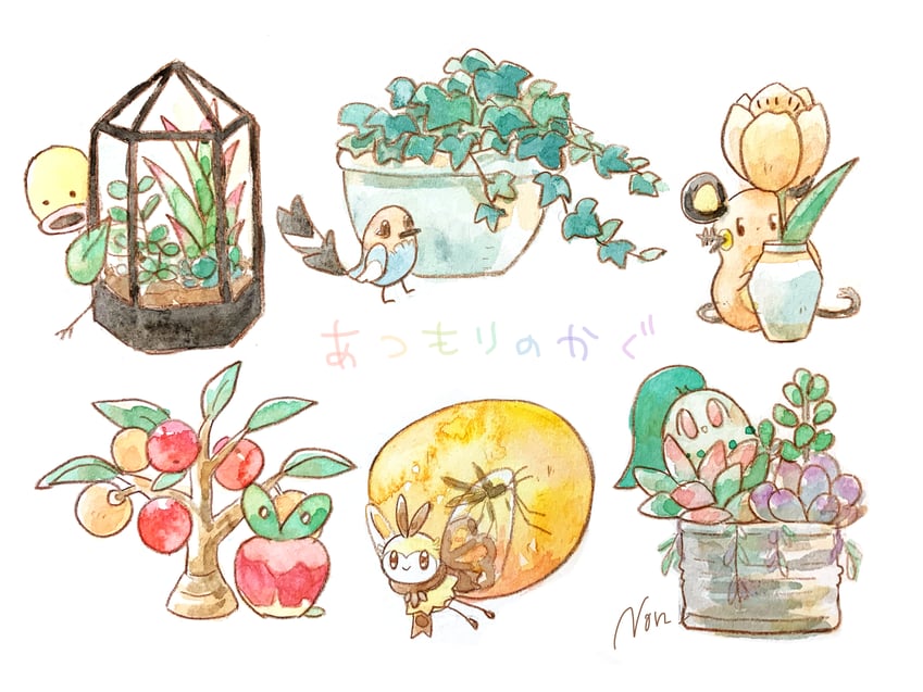 chikorita, dedenne, applin, ribombee, fletchling, and 1 more (pokemon and 2 more) drawn by non_(kumakawayusu)