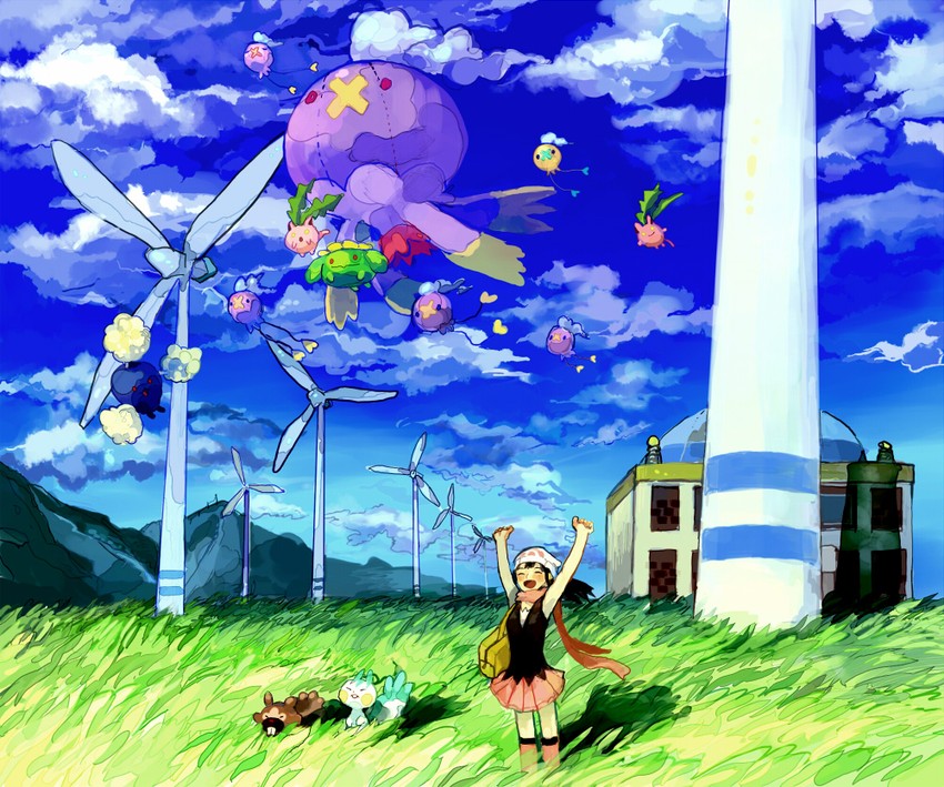dawn, pachirisu, drifloon, hoppip, jumpluff, and 3 more (pokemon and 1 more) drawn by minahamu