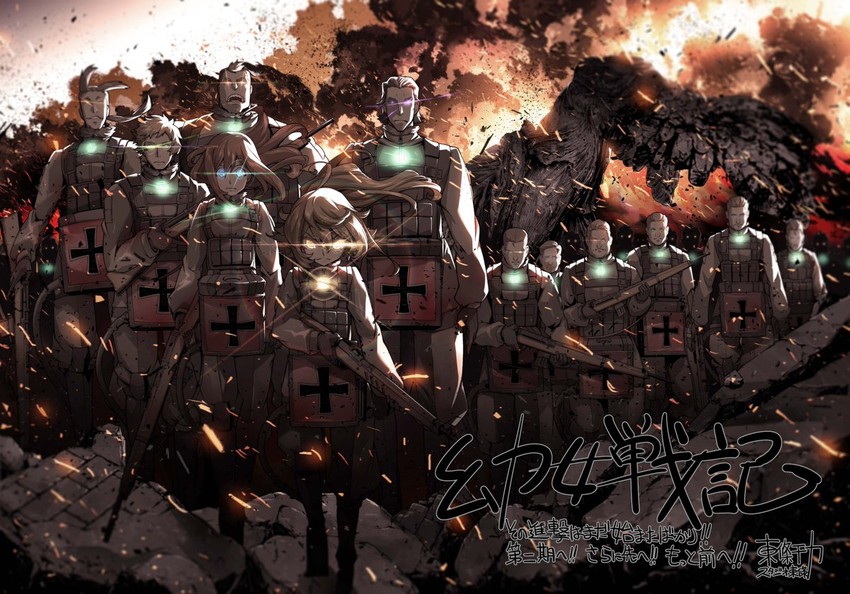 tanya degurechaff, viktoriya ivanovna serebryakov, matheus johann weiss, warren grantz, wilibald koenig, and 1 more (youjo senki) drawn by toujou_chika