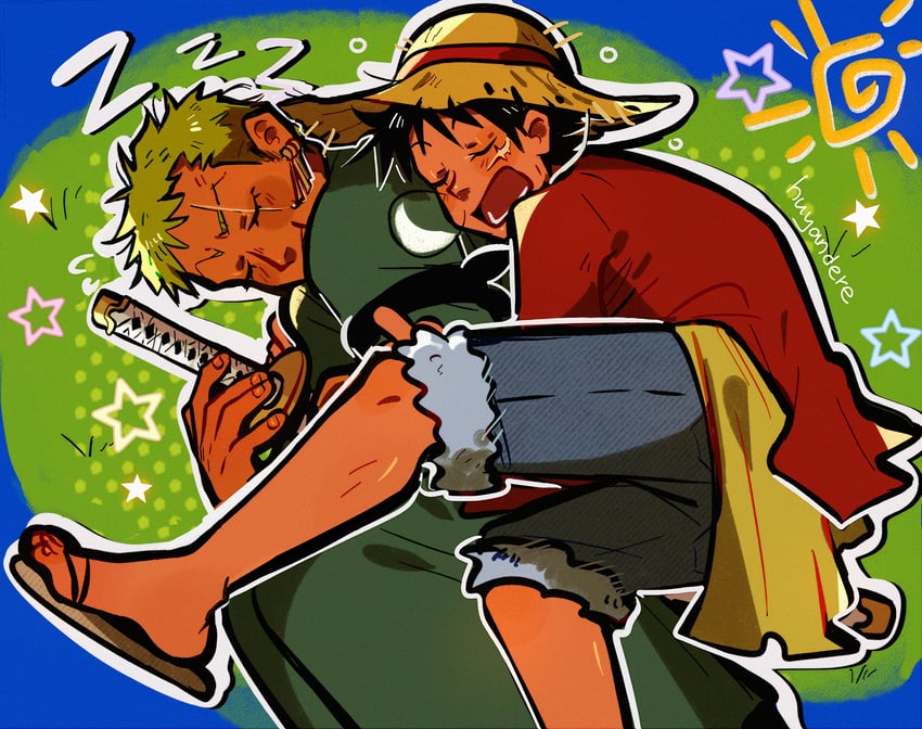 monkey d. luffy and roronoa zoro (one piece) drawn by huyandere