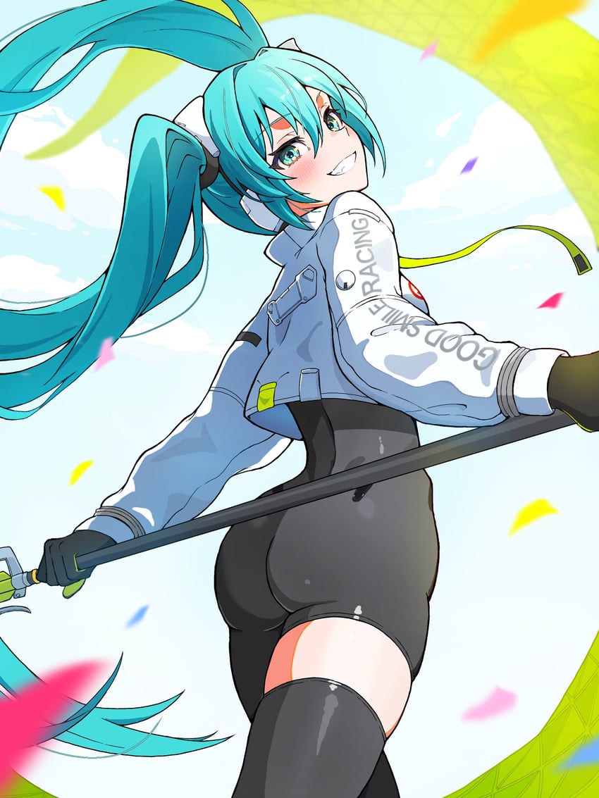 hatsune miku and racing miku (vocaloid and 1 more) drawn by uzuki_sena