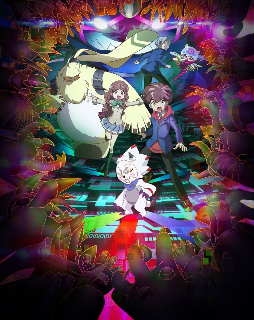 jellymon, gammamon, higashimitarai kiyoshiro, amanokawa hiro, tsukiyono ruli, and 3 more (digimon and 1 more)