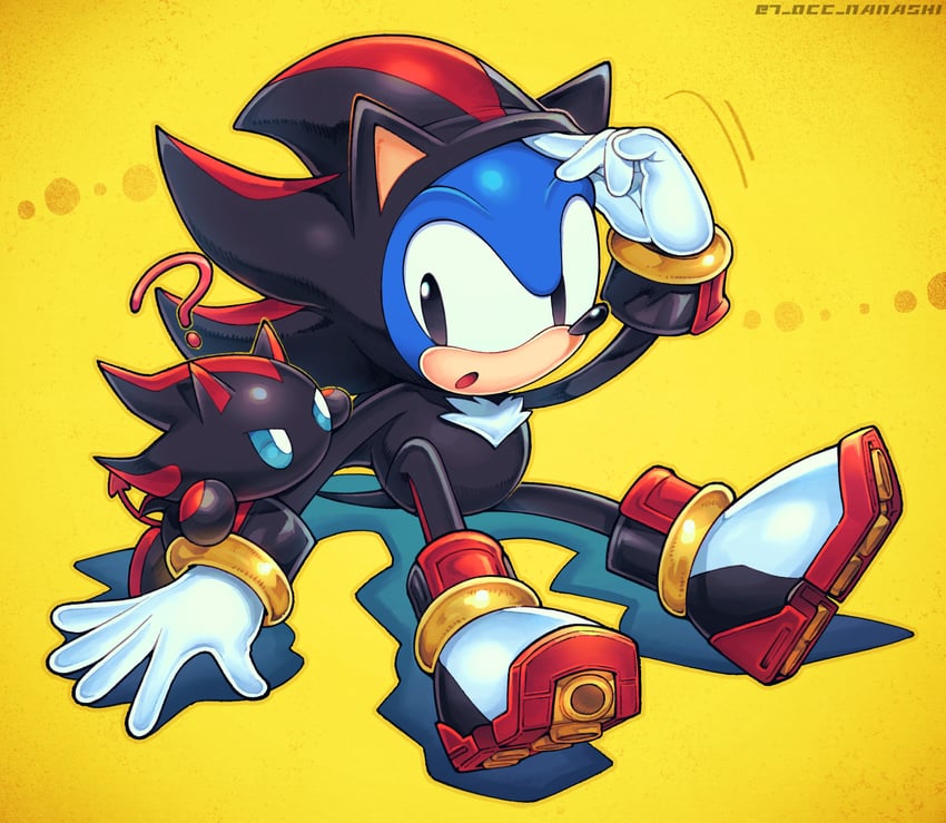 sonic the hedgehog, shadow the hedgehog, classic sonic, dark chao, and shadow chao (sonic and 2 more) drawn by show_chiku-by