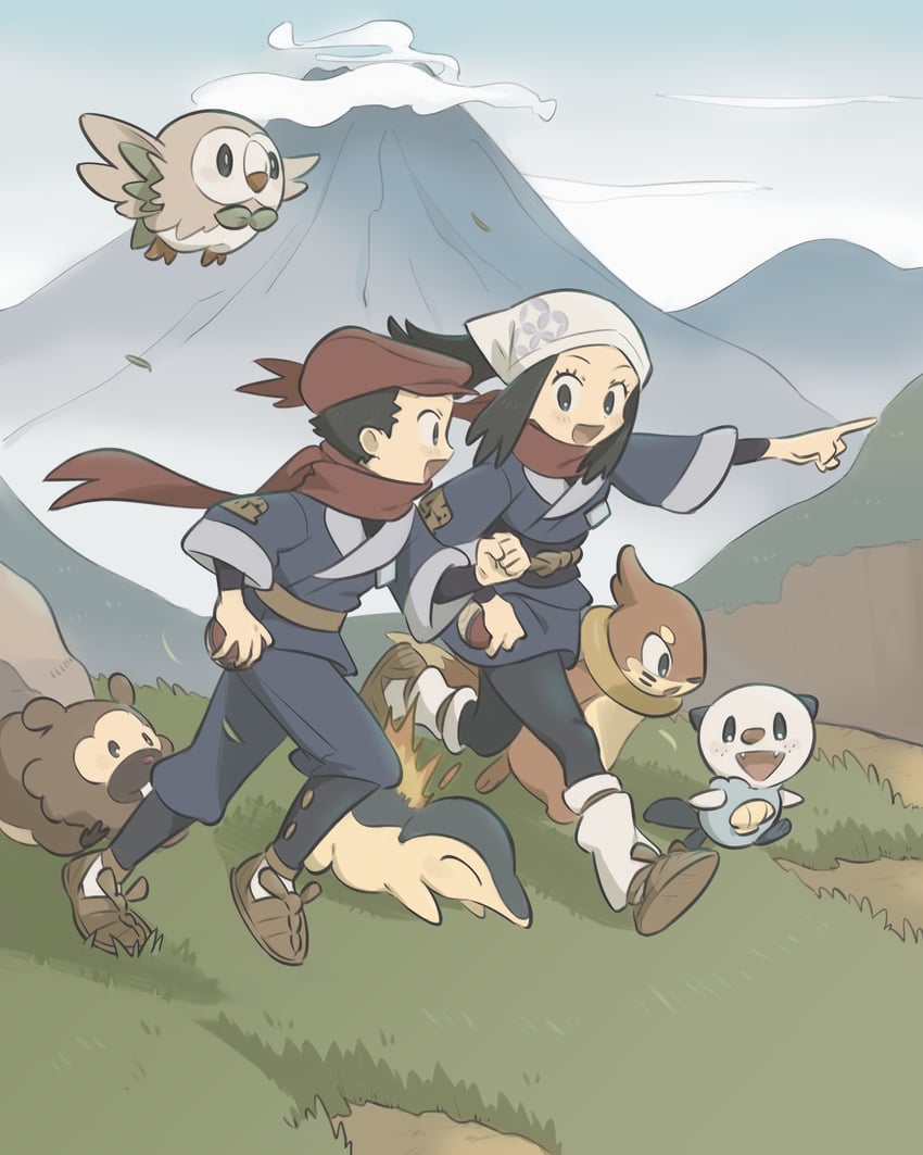 akari, rowlet, oshawott, cyndaquil, rei, and 2 more (pokemon and 1 more) drawn by kinni