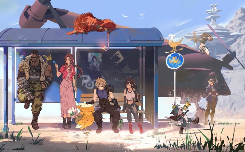 tifa lockhart, cloud strife, aerith gainsborough, yuffie kisaragi, barret wallace, and 4 more (final fantasy and 3 more) drawn by jimbobox