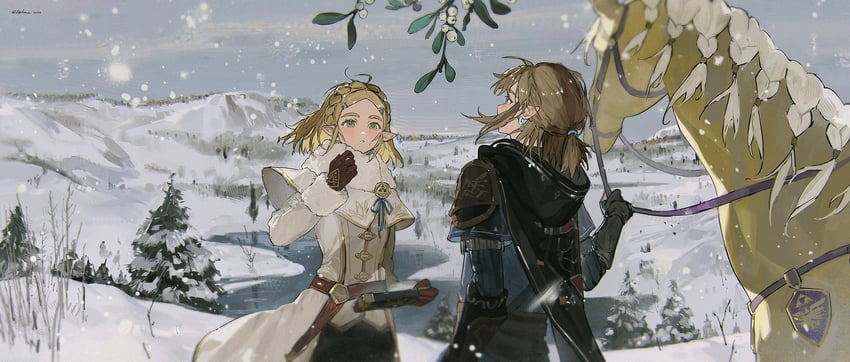 link and princess zelda (the legend of zelda and 1 more) drawn by akihare