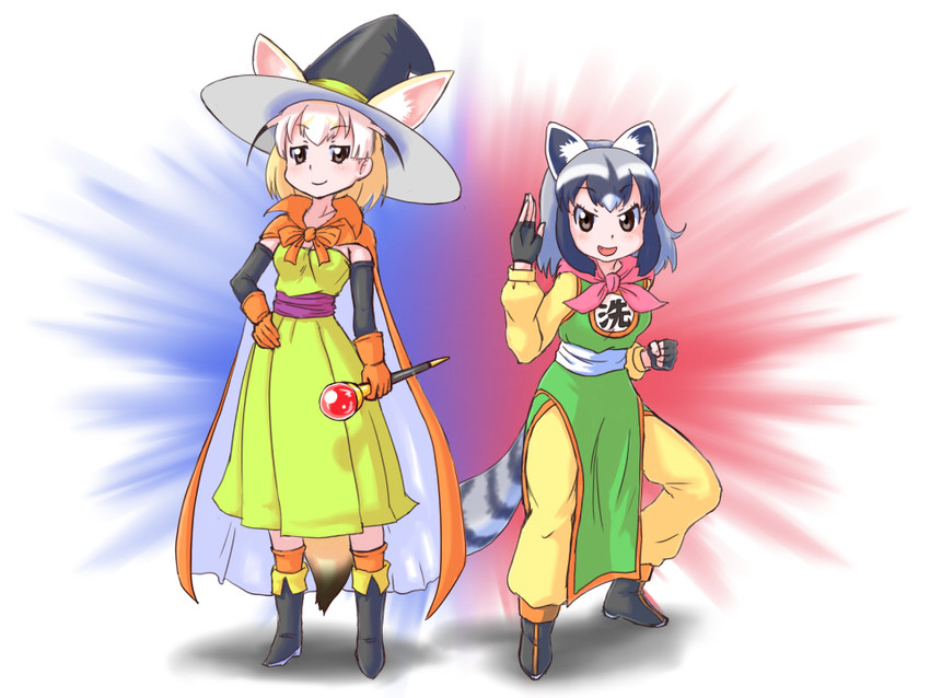 common raccoon, fennec, martial artist, and mage (kemono friends and 2 more) drawn by pxton