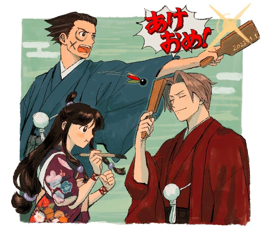 phoenix wright, miles edgeworth, and maya fey (ace attorney) drawn by renshu_usodayo